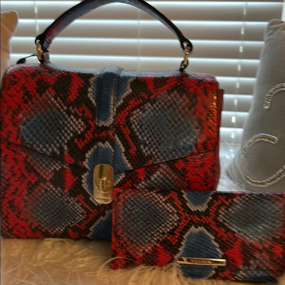 Red and Blue Snake Print Handbag and Wallet Set